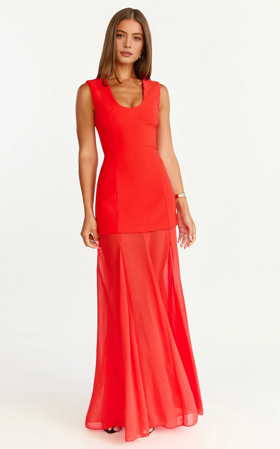 Minimalist Sleeveless U Neck Back Zipper Chiffon Overlay Plus Size Maxi Wedding Guest Dress 