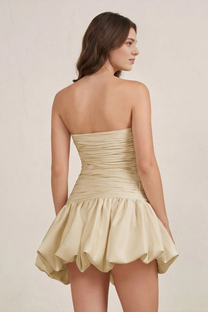 roselledress champagne bubble mini dress seamless full open back ruched strapless homecoming cocktail dress back shot