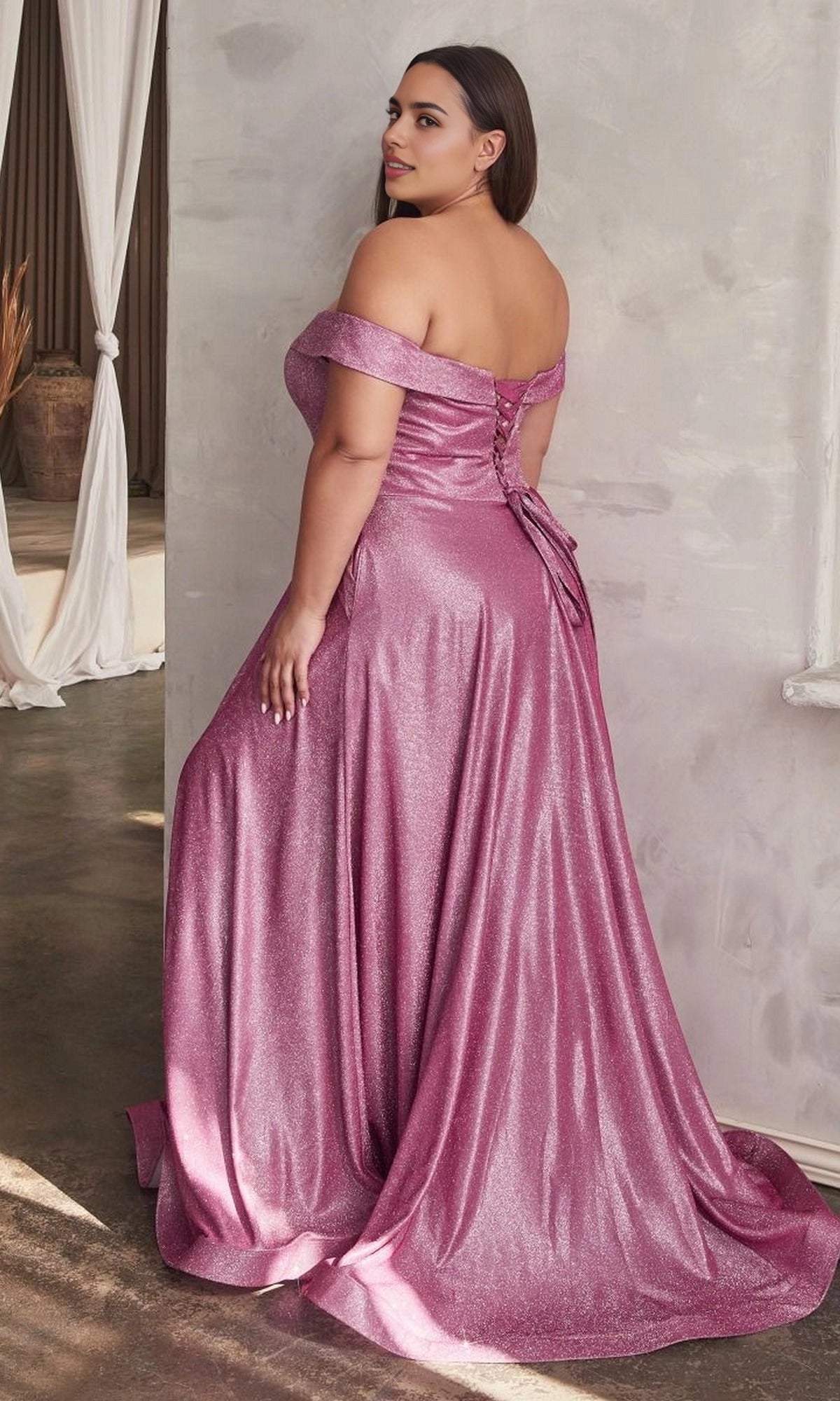 Back view Vedress dusty pink plus size lace up back off shoulder glitter prom dress formal gown