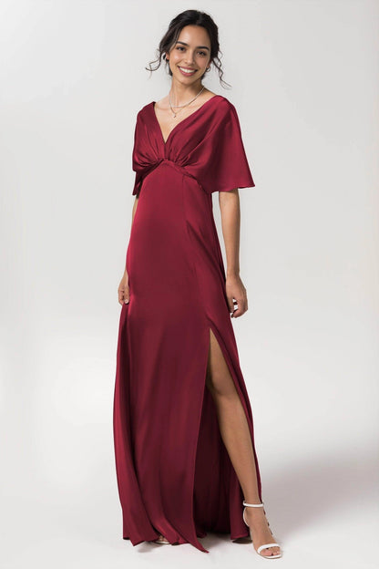 Elegant Plus Size Sheath V Neck Flutter Sleeve Bow Back Long Bridesmaid Dress