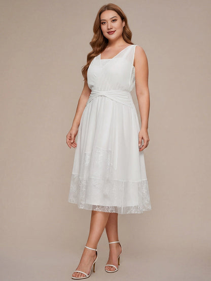 Elegant A-Line V-Neck Sleeveless Wrap Back Lace Hem Midi Plus Size Bridesmaid Dress