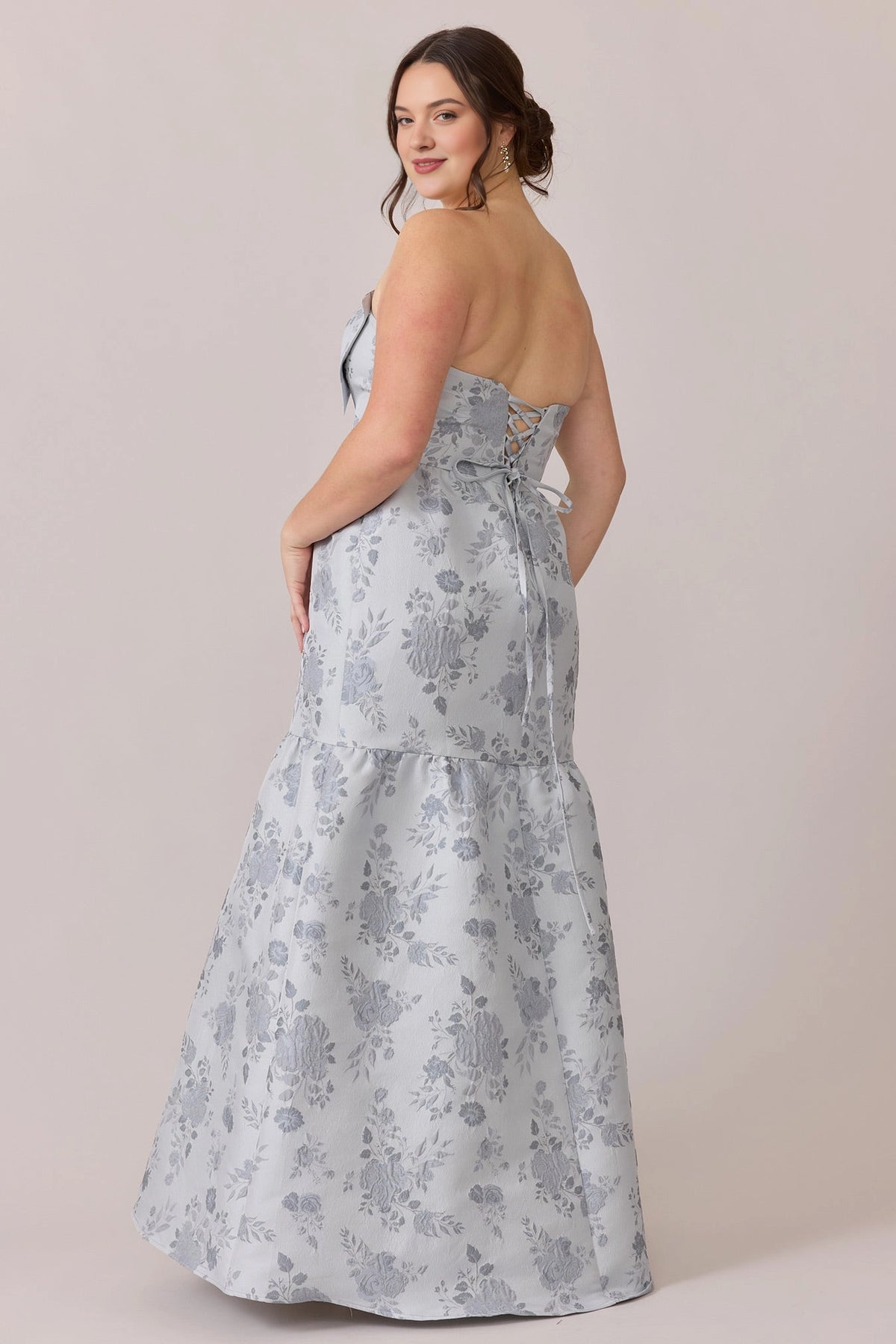 Plus Size Jacquard Strapless Bow Lace-Up Tiered Long Wedding Guest Dress
