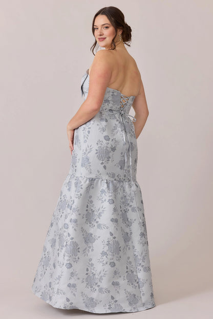 Plus Size Jacquard Strapless Bow Lace-Up Tiered Long Wedding Guest Dress