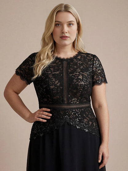 Plus Size Lace Bodice Short Sleeve Round Neck Long Mother of Bride Dress