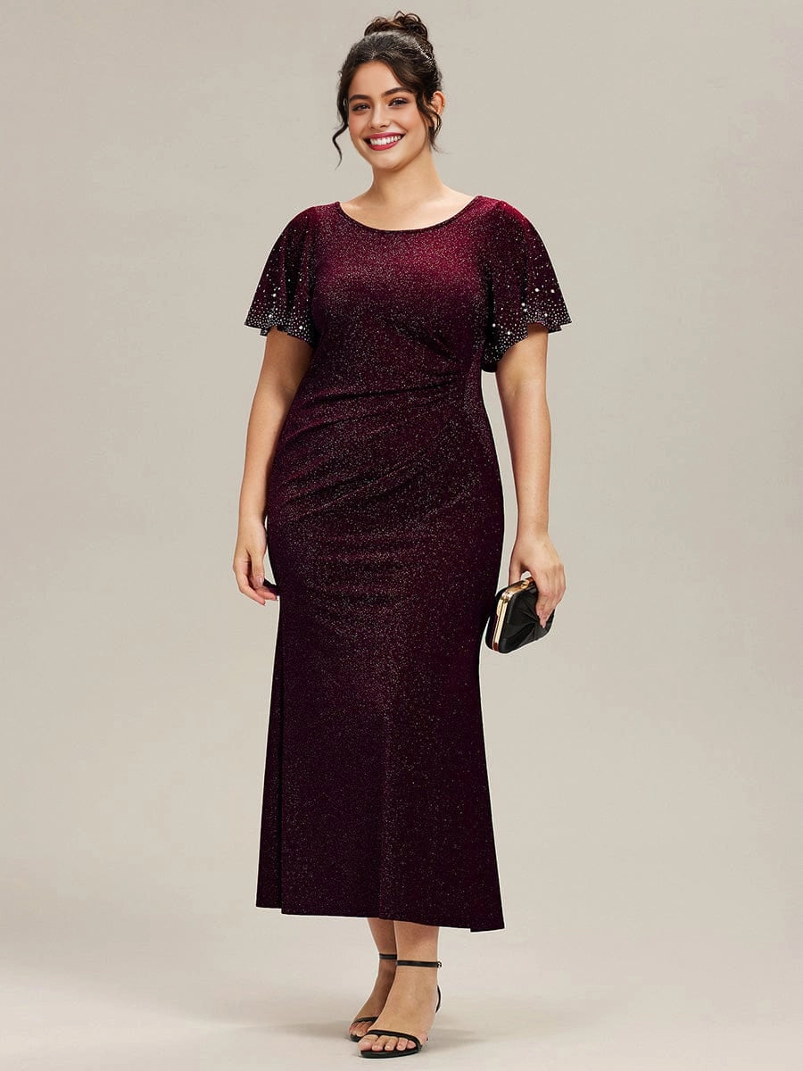 Sheath Glitter Round Neck Rhinestone Flutter Sleeve Ruched Back Midi Plus Size Wedding Guest Dress