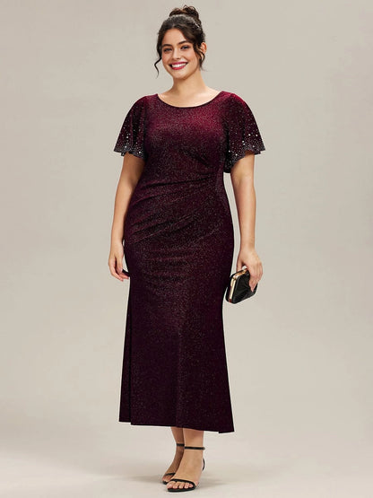 Sheath Glitter Round Neck Rhinestone Flutter Sleeve Ruched Back Midi Plus Size Wedding Guest Dress