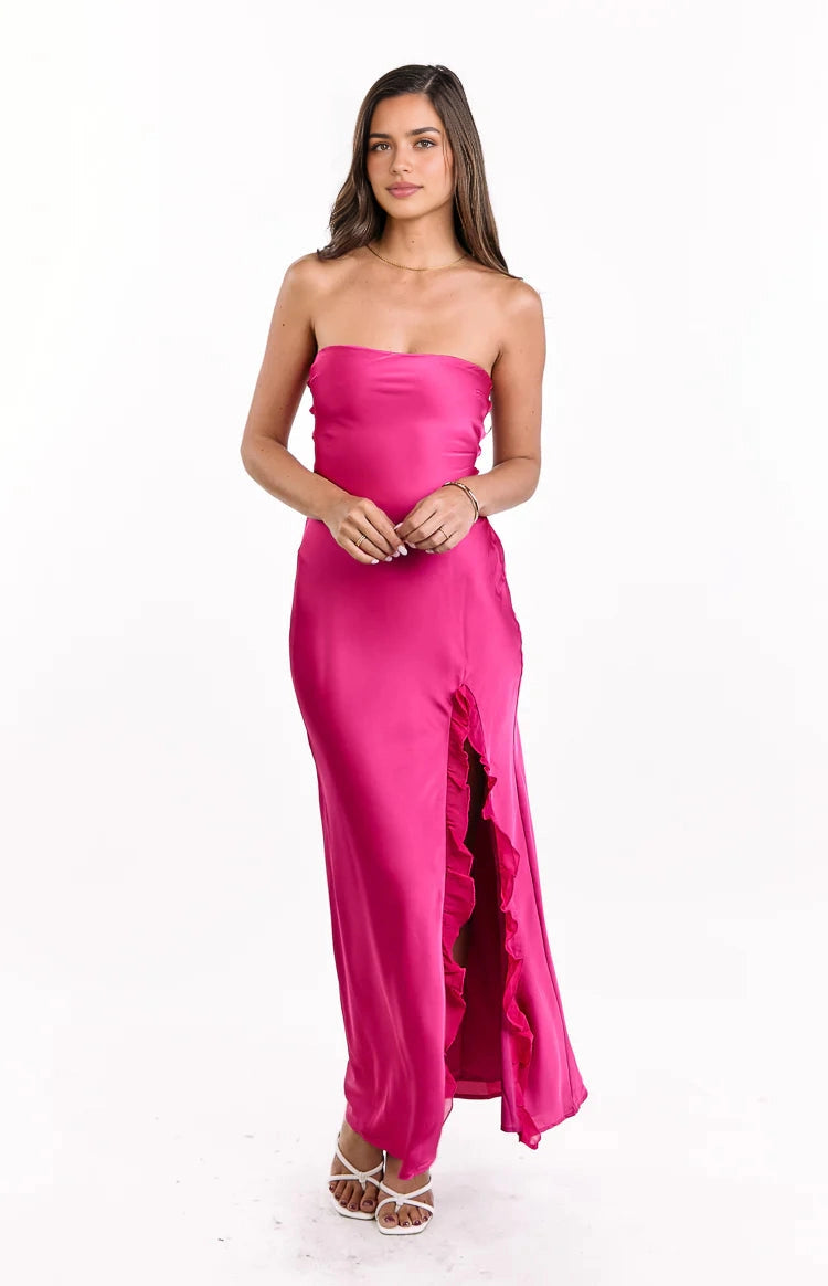 Hot Pink Sheath Strapless Tube Lace Up Back Long Prom Dress
