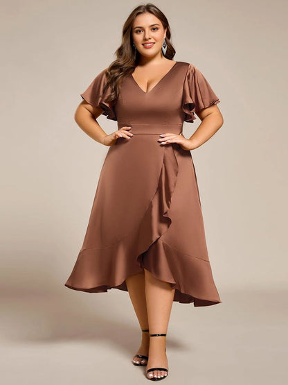 Roselledress Sage Green Wrap V-Neck Flutter Sleeve Zip Back Midi Plus Size Weeding Guest Dress