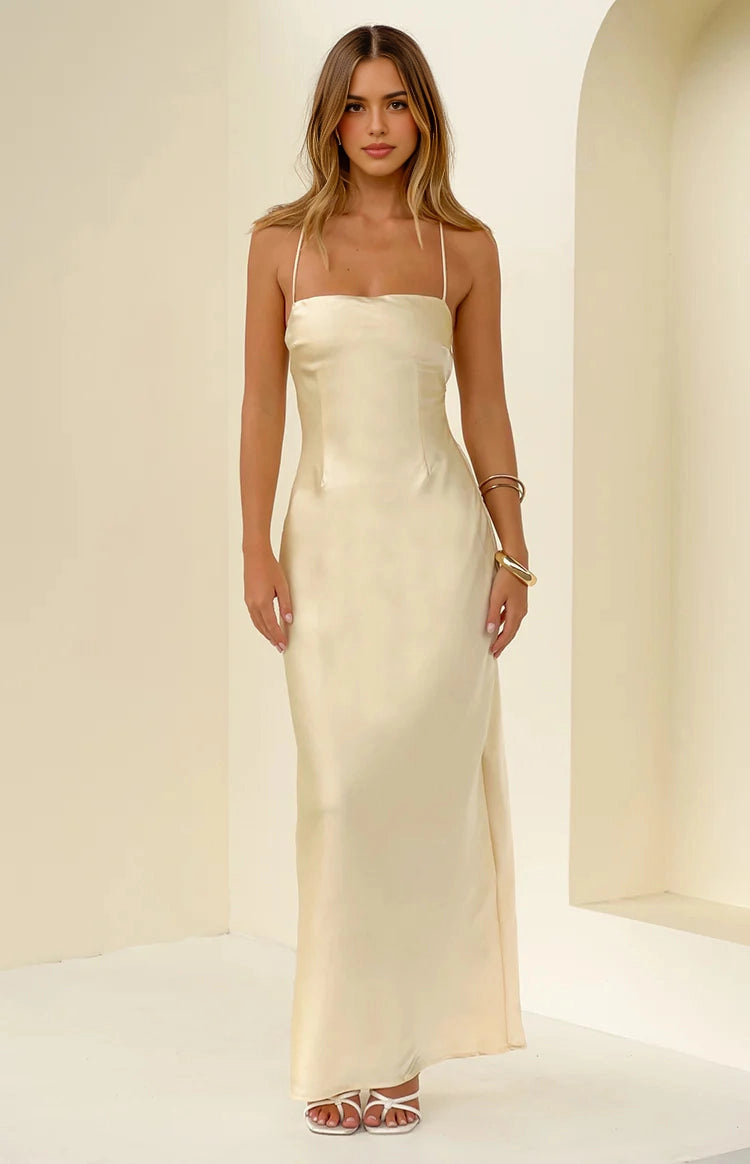 Roselle Dress cream yellow satin slip maxi dress straight neck spaghetti strap front view bridesmaid gown