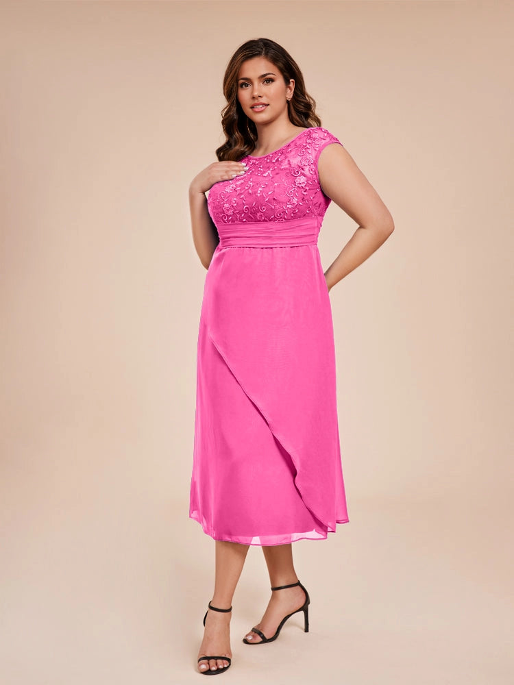 Charming A‑Line Bateau Neck Cap Sleeve V‑Back Midi Length Formal Plus Size Mother Of The Bride Dress