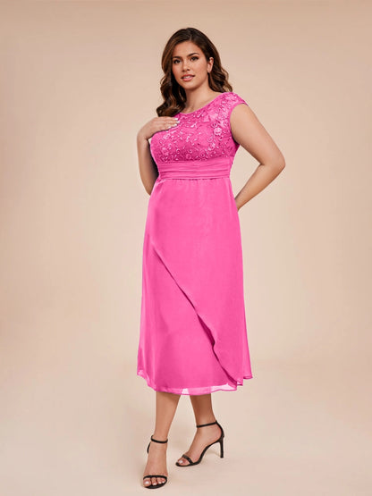 Charming A‑Line Bateau Neck Cap Sleeve V‑Back Midi Length Formal Plus Size Mother Of The Bride Dress