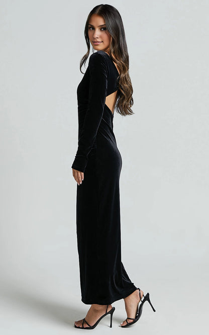 Roselledress long sleeve velvet formal dress plus size open cut out back bodycon party dress back view