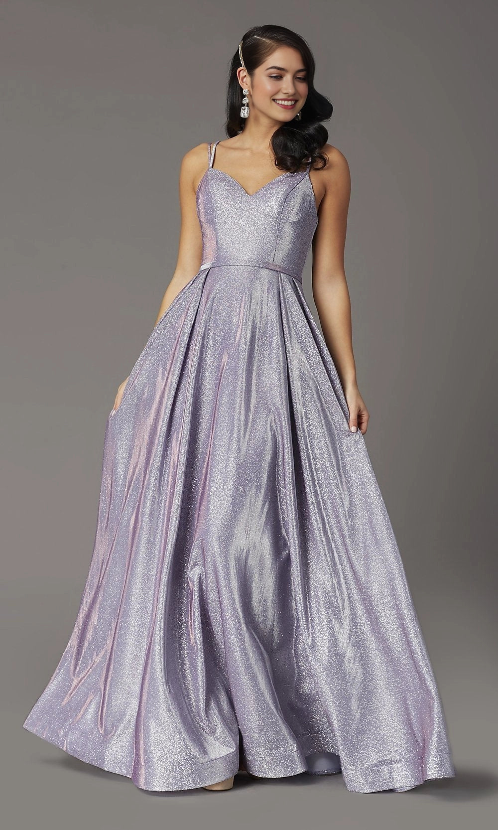 roselledress champagne fine glitter glossy satin double thin parallel spaghetti sweetheart v waist pleated flowy a-line long bridesmaid prom gown solid white studio front full shot