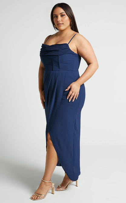 Glamorous A‑Line Cowl Neck Spaghetti Strap Open Back Slit Maxi Length Plus Size Prom Dress