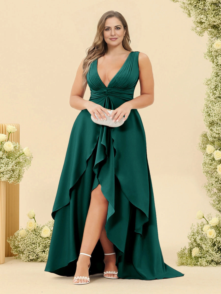 Roselledress Dusty Blue A-Line V-Neck Sleeveless V-Back High Low Chiffon Maxi Plus Size Mother Of The Bride Dress