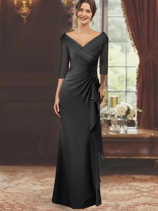 Luxurious Mermaid Off-The-Shoulder Three-Quarter-Sleeve Closed-Back Floor-Length Mother of the Bride Dresses