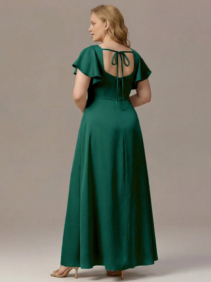 A-Line Square Neck Flutter Sleeve Tie Back Slit Floor Length Plus Size Satin Bridesmaid Dress