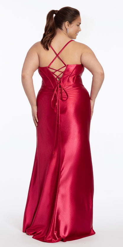 Back view roselledress criss‑cross lace‑up tie‑back spaghetti strap satin mermaid floor‑length plus size evening gown