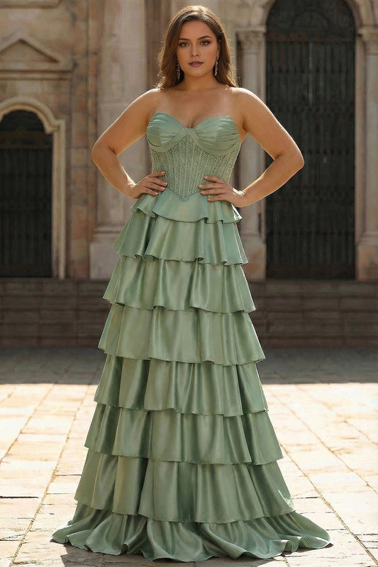 roselledress sage green plus size a-line strapless sweetheart corset tiered satin prom gown for curvy women