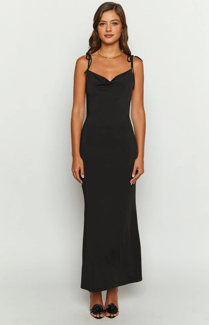 RoselleDress black knit mermaid evening dress cowl neck tie shoulder straps white studio shot