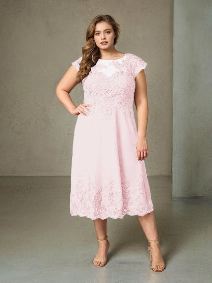 Charming A‑Line Illusion Neck Cap Sleeve V‑Back Midi Length Plus Size Mother Of The Bride Dress