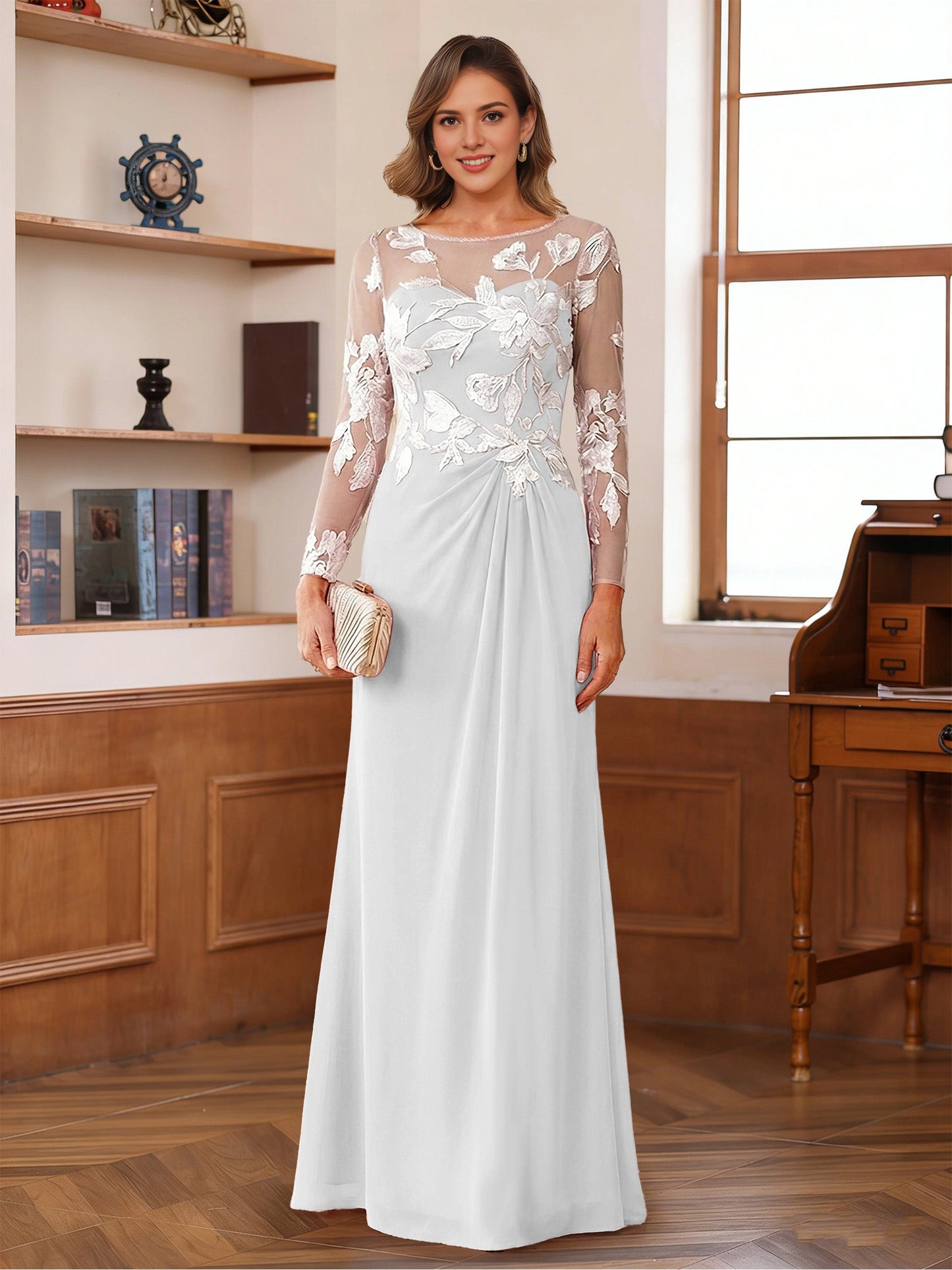 Floral A-Line Round-Neck Long-Sleeve Button-Back Floor-Length plus size Mother Of Bride Dress