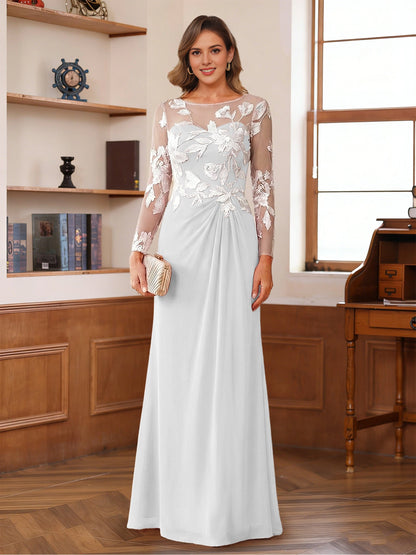 Floral A-Line Round-Neck Long-Sleeve Button-Back Floor-Length plus size Mother Of Bride Dress