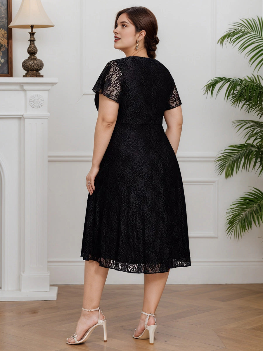Back view Roselledress black lace formal midi dress, plus size wedding guest gown with solid round zip‑back and full lace construction