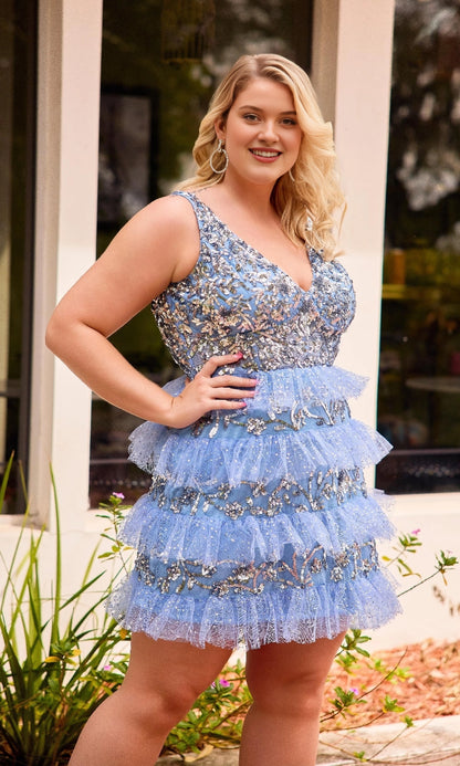 Sparkly Plus Size A-Line V-Neck Tiered Short Sequin Homecoming Dress