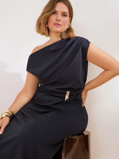 Elegant A-Line One-Shoulder Draped Closed Back Midi Plus Size Wedding Guest Dress