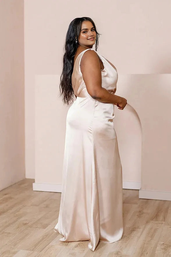 Roselledress champagne sheath satin dress back view,deep low back zipper plus size formal evening gown
