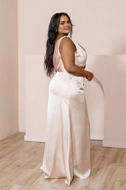 Roselledress champagne sheath satin dress back view,deep low back zipper plus size formal evening gown