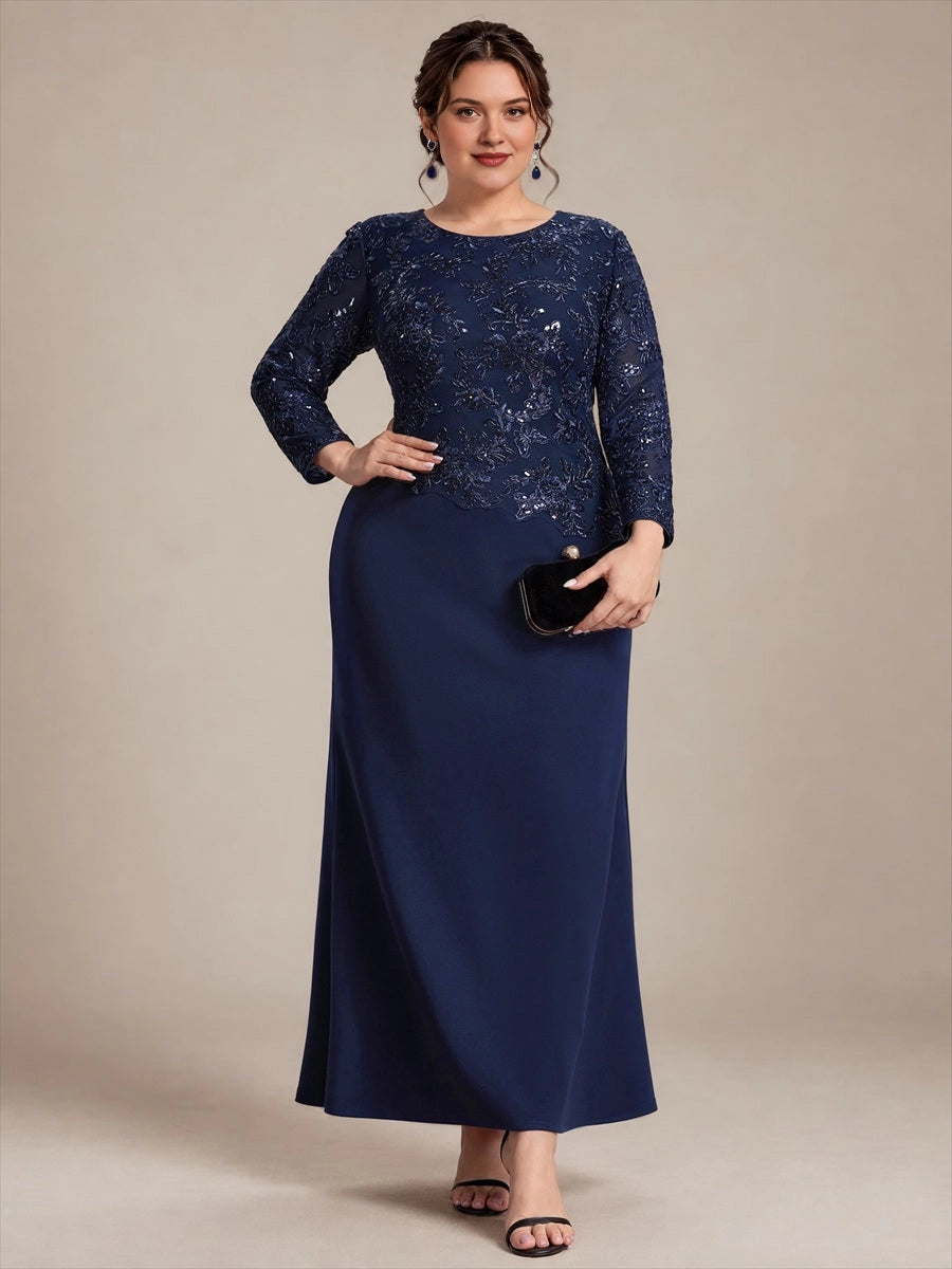 Plus Size Sequin Lace Long Sleeve Round Neck Long Mother of Bride Dress