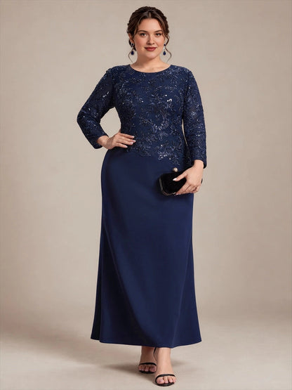 Plus Size Sequin Lace Long Sleeve Round Neck Long Mother of Bride Dress