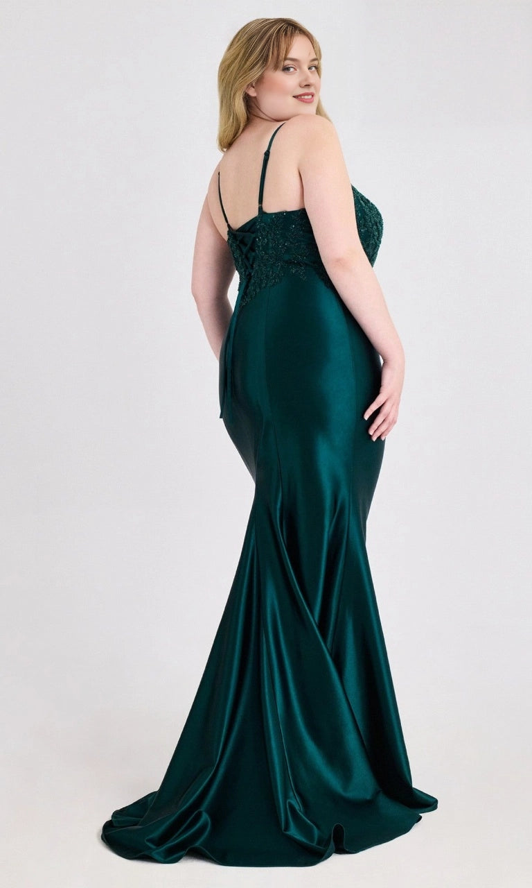 Plus size emerald satin evening dress with lace-up corset back and fitted mermaid skirt
