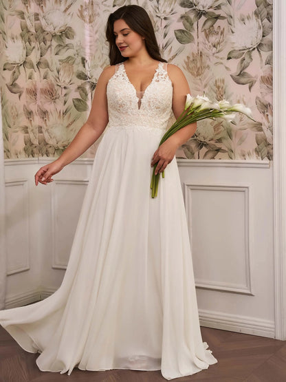 Elegant A‑Line V‑Neck Sleeveless Keyhole‑Back Floor‑Length Plus Size Wedding Dress