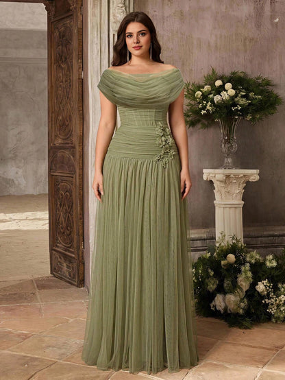 Sage‑Green Plus‑Size A‑Line Off‑Shoulder Short‑Sleeve Zipper‑Back Floor‑Length Prom Dress