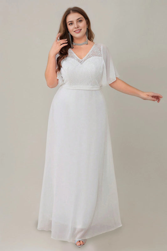 Roselledress plus size white chiffon wedding gown v‑neck flutter sleeve lace bodice front view