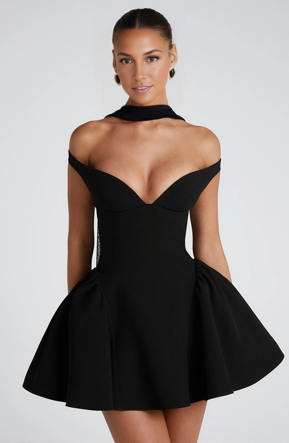 Flared Off Shoulder Deep V Open Back Mini Homecoming Dress