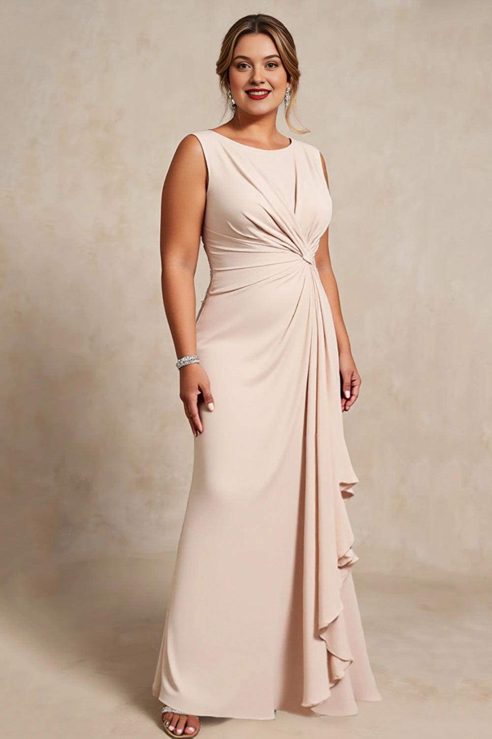 Champagne Mermaid Bateau Sleeveless Keyhole Floor-Length Plus Size Wedding Guest Dress