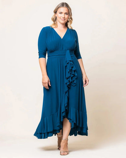 Elegant Wrap V‑Neck 3/4 Sleeve Ruffle‑Hem Floor‑Length Plus Size Wedding Guest Dress
