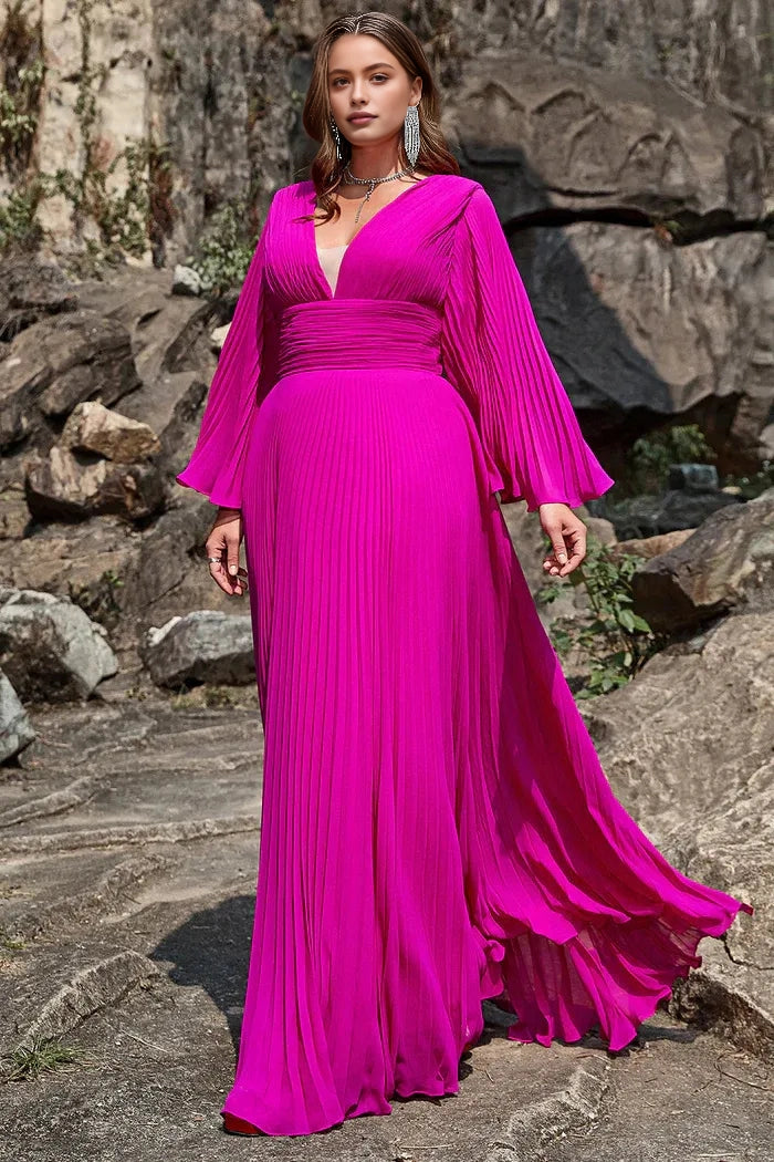 Stunning A‑Line V‑Neck Bell‑Sleeve Deep‑V‑Back Floor‑Length Plus Size Wedding Guest Dress