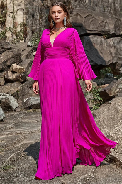 Stunning A‑Line V‑Neck Bell‑Sleeve Deep‑V‑Back Floor‑Length Plus Size Wedding Guest Dress