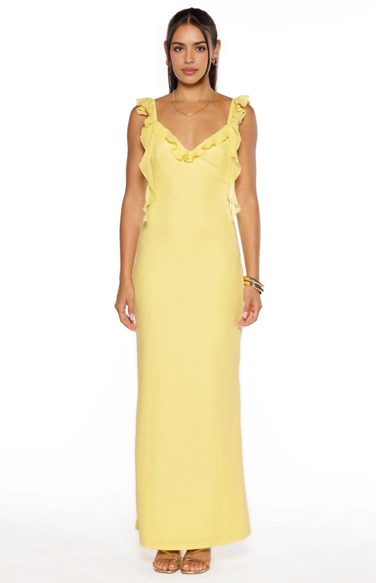 RoselleDress yellow sheath bridesmaid dress v neck ruffle shoulder straps white studio shot