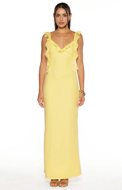 RoselleDress yellow sheath bridesmaid dress v neck ruffle shoulder straps white studio shot