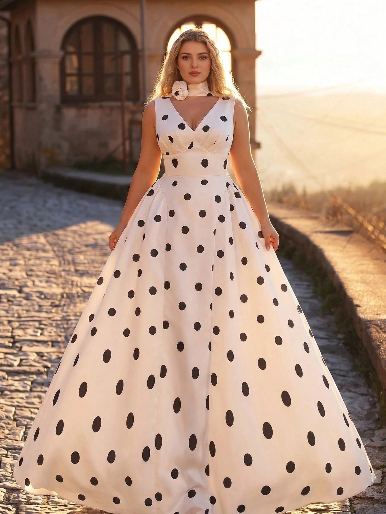 Plus Size Polka‑Dot A‑Line V‑Neck Sleeveless Corset‑Back Floor‑Length Prom Dress