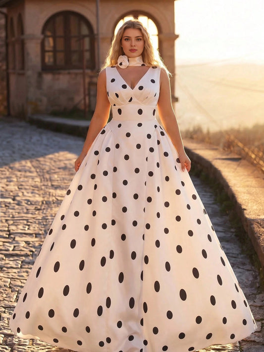 Plus Size Polka‑Dot A‑Line V‑Neck Sleeveless Corset‑Back Floor‑Length Prom Dress