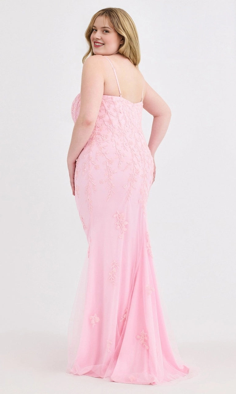 Plus size pink lace evening dress with scoop back, zipper and fitted mermaid skirt
