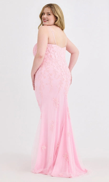Plus size pink lace evening dress with scoop back, zipper and fitted mermaid skirt
