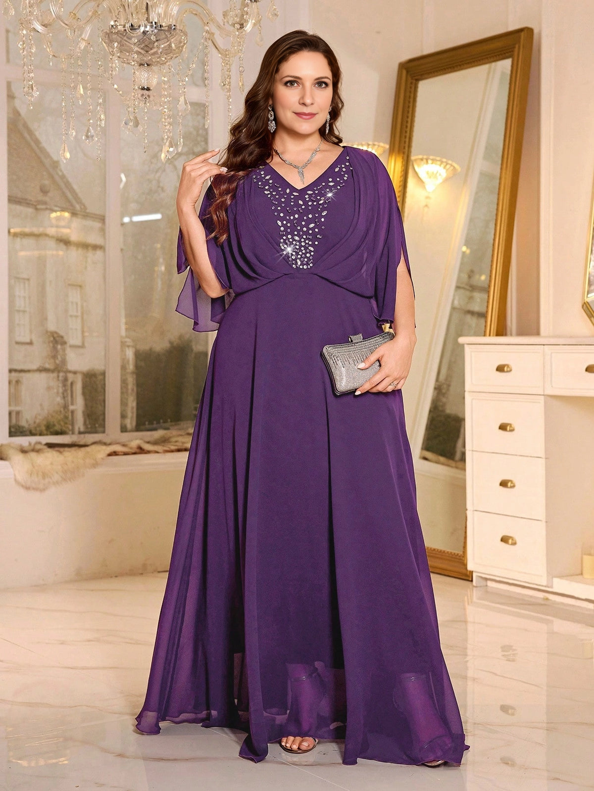 Elegant Plus Size A-Line V-Neck Flutter-Sleeve V-Back Maxi Beaded Mother of Bride Dress